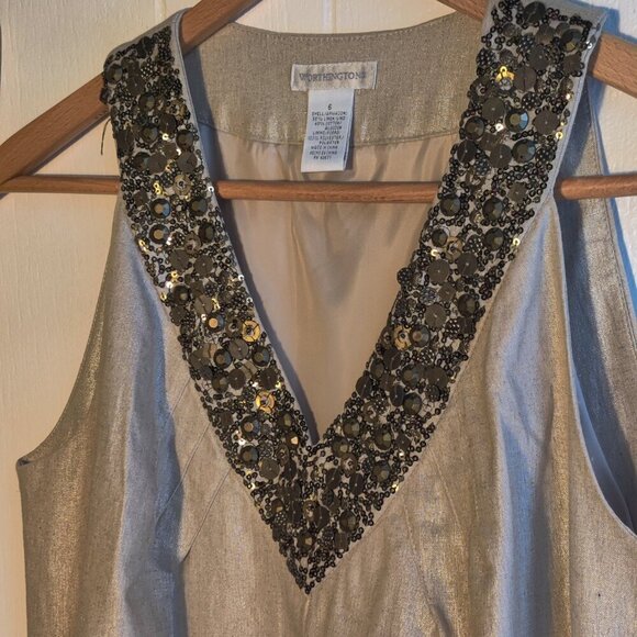 Linen Dress, Shimmering Beige Fabric and Beading at  V-neck, side zipper, Sz 6 - Picture 5 of 8